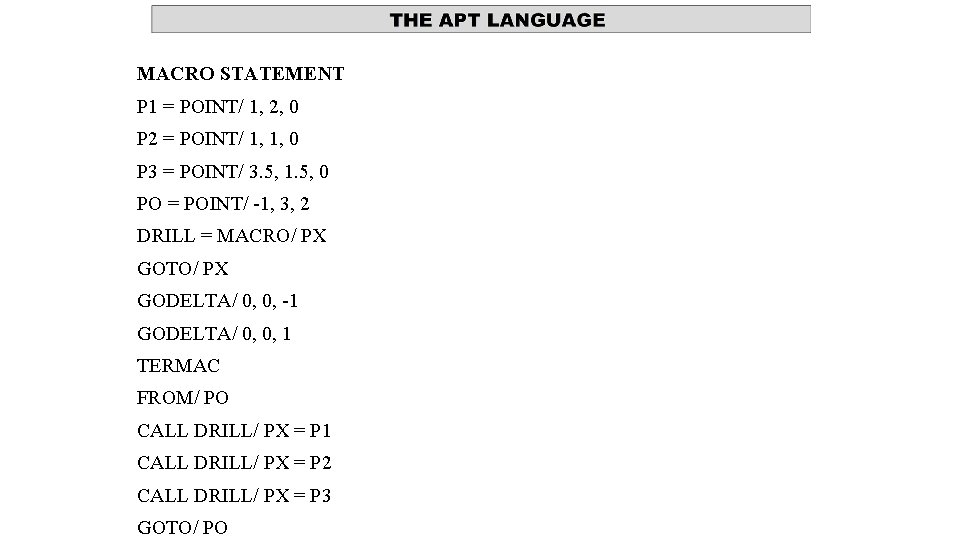 MACRO STATEMENT P 1 = POINT/ 1, 2, 0 P 2 = POINT/ 1,