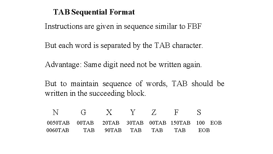 TAB Sequential Format Instructions are given in sequence similar to FBF But each word TAB Sequential Format Instructions are given in sequence similar to FBF But each word