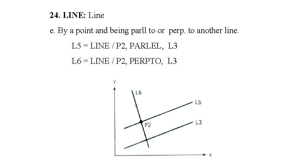 24. LINE: Line e. By a point and being parll to or perp. to