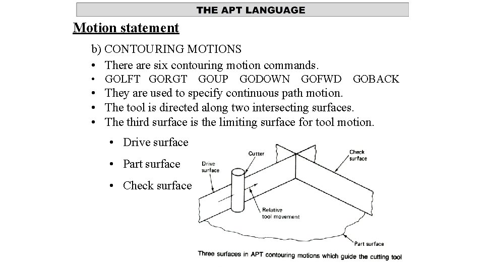 Motion statement b) CONTOURING MOTIONS • There are six contouring motion commands. • GOLFT