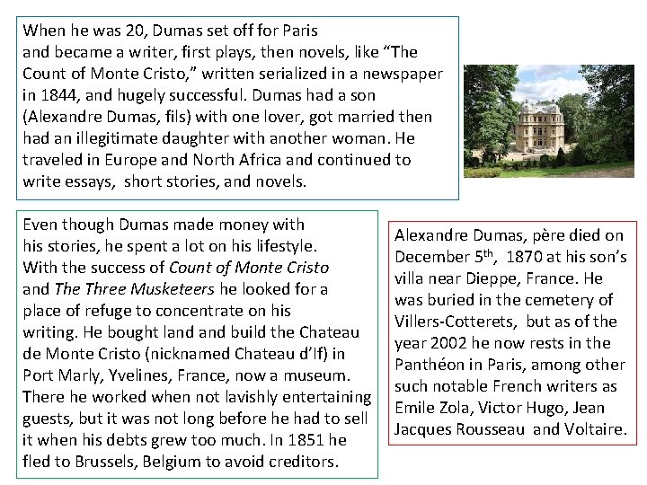 When he was 20, Dumas set off for Paris and became a writer, first