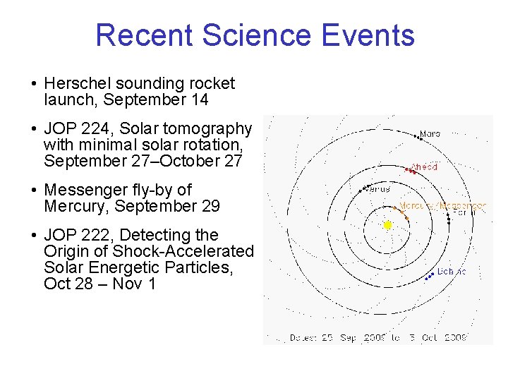 Recent Science Events • Herschel sounding rocket launch, September 14 • JOP 224, Solar