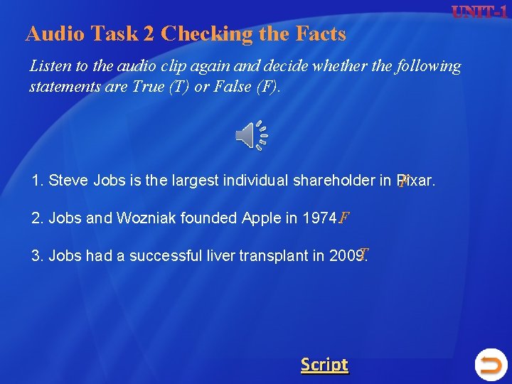 Audio Task 2 Checking the Facts Listen to the audio clip again and decide Audio Task 2 Checking the Facts Listen to the audio clip again and decide