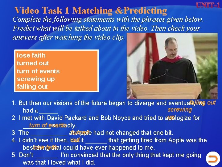 Video Task 1 Matching &Predicting Complete the following statements with the phrases given below. Video Task 1 Matching &Predicting Complete the following statements with the phrases given below.