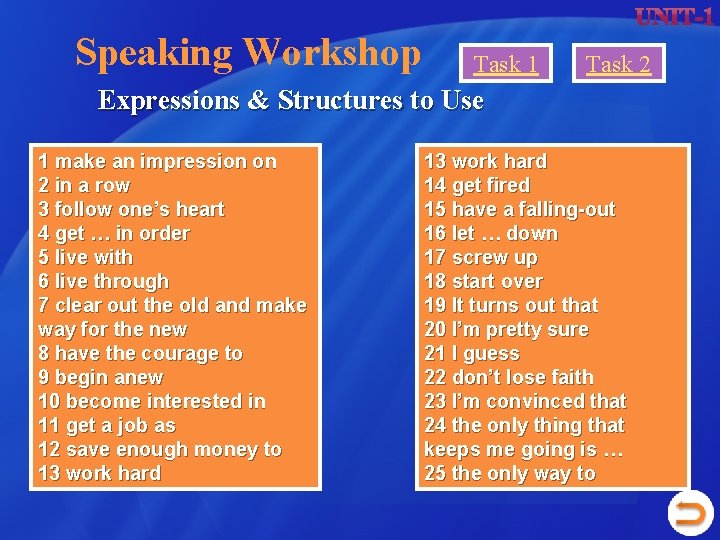 Speaking Workshop Task 1 Task 2 Expressions & Structures to Use 1 make an Speaking Workshop Task 1 Task 2 Expressions & Structures to Use 1 make an