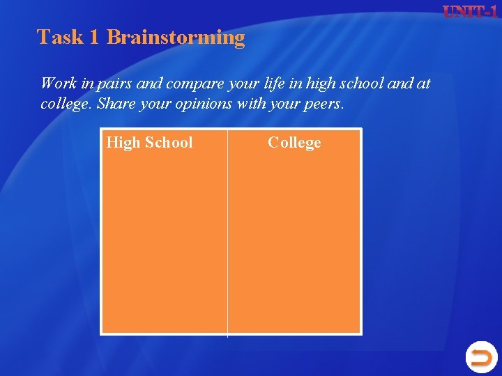 Task 1 Brainstorming Work in pairs and compare your life in high school and Task 1 Brainstorming Work in pairs and compare your life in high school and