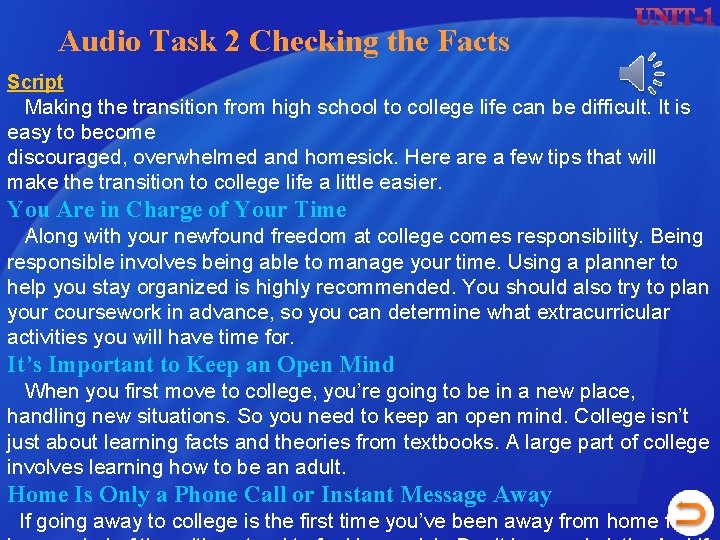 Audio Task 2 Checking the Facts Script Making the transition from high school to Audio Task 2 Checking the Facts Script Making the transition from high school to