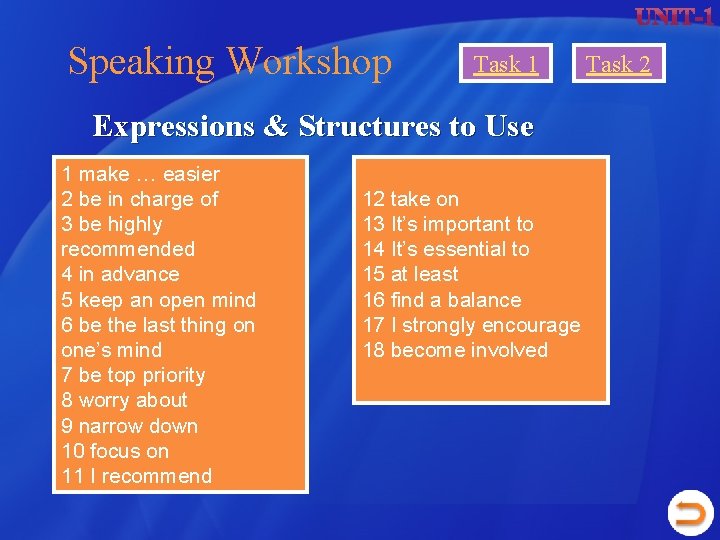 Speaking Workshop Task 1 Expressions & Structures to Use 1 make … easier 2 Speaking Workshop Task 1 Expressions & Structures to Use 1 make … easier 2