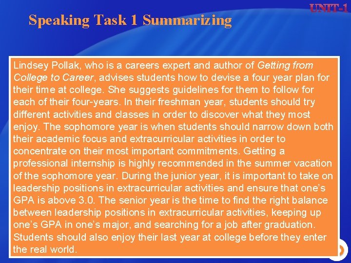 Speaking Task 1 Summarizing Lindsey Pollak, who is a careers expert and author of Speaking Task 1 Summarizing Lindsey Pollak, who is a careers expert and author of
