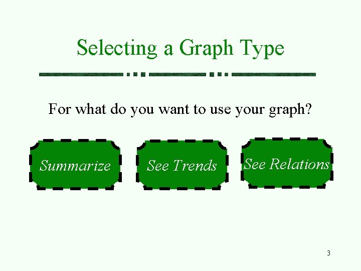 Selecting a Graph Type For what do you want to use your graph? Summarize