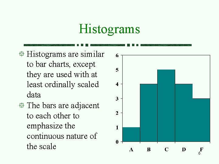 Histograms are similar to bar charts, except they are used with at least ordinally
