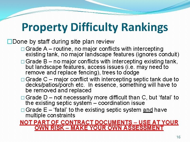 Property Difficulty Rankings �Done by staff during site plan review � Grade A –