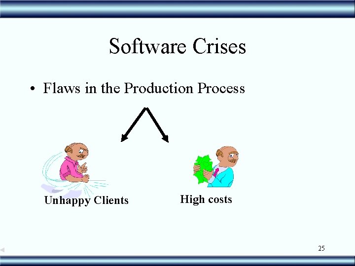 Software Crises • Flaws in the Production Process Unhappy Clients High costs 25 