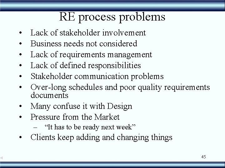 RE process problems • • • Lack of stakeholder involvement Business needs not considered