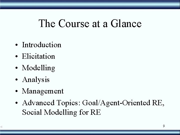 The Course at a Glance • • • Introduction Elicitation Modelling Analysis Management Advanced