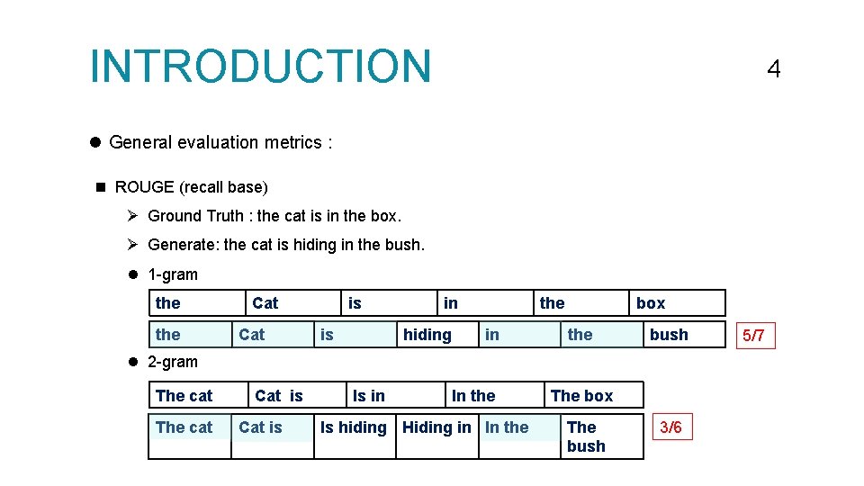 INTRODUCTION 44 l General evaluation metrics : n ROUGE (recall base) Ø Ground Truth