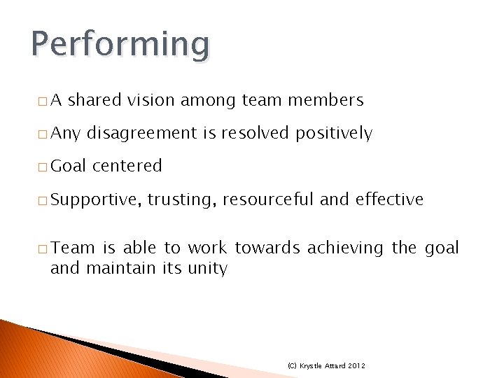 Performing �A shared vision among team members � Any disagreement is resolved positively � Performing �A shared vision among team members � Any disagreement is resolved positively �