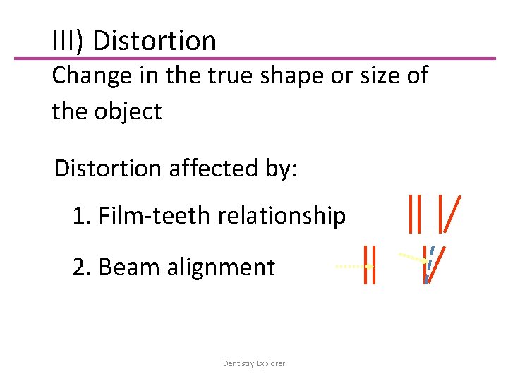 III) Distortion Change in the true shape or size of the object Distortion affected
