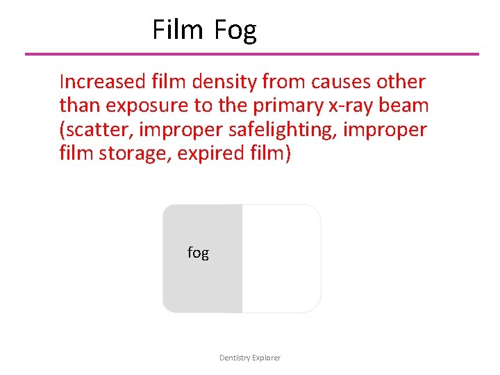 Film Fog Increased film density from causes other than exposure to the primary x-ray