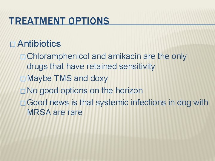 TREATMENT OPTIONS � Antibiotics � Chloramphenicol and amikacin are the only drugs that have