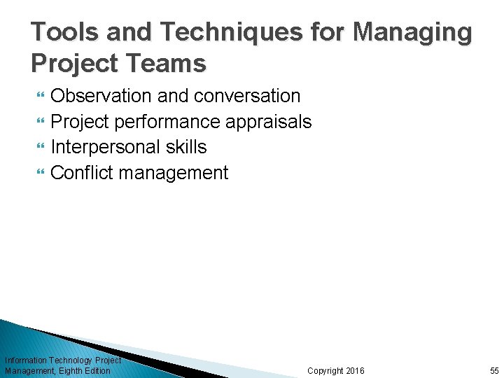 Tools and Techniques for Managing Project Teams Observation and conversation Project performance appraisals Interpersonal Tools and Techniques for Managing Project Teams Observation and conversation Project performance appraisals Interpersonal