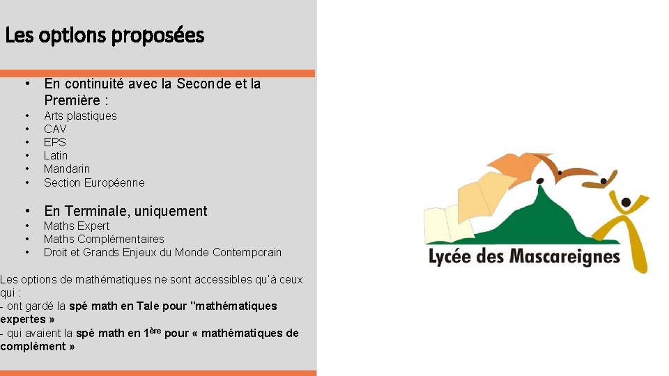 Les options proposées • En continuité avec la Seconde et la Première : •