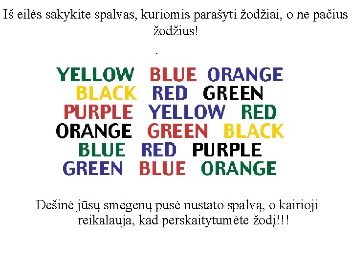 Iš eilės sakykite spalvas, kuriomis parašyti žodžiai, o ne pačius žodžius! Dešinė jūsų smegenų