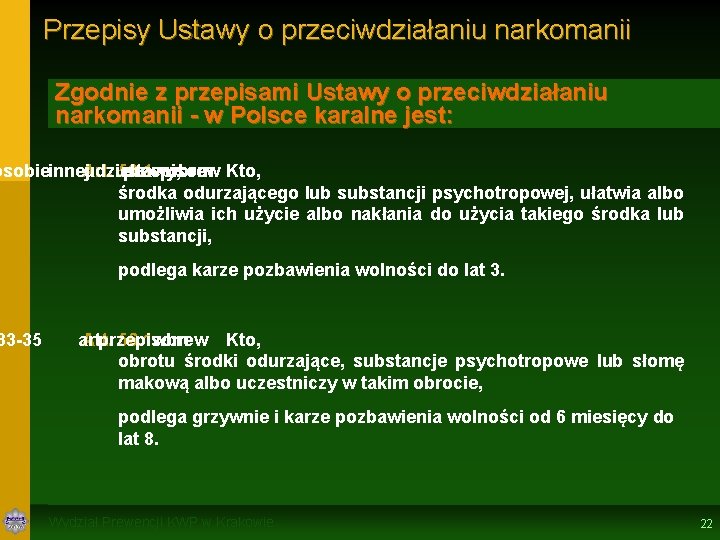 Przepisy Ustawy o przeciwdziałaniu narkomanii Zgodnie z przepisami Ustawy o przeciwdziałaniu narkomanii - w