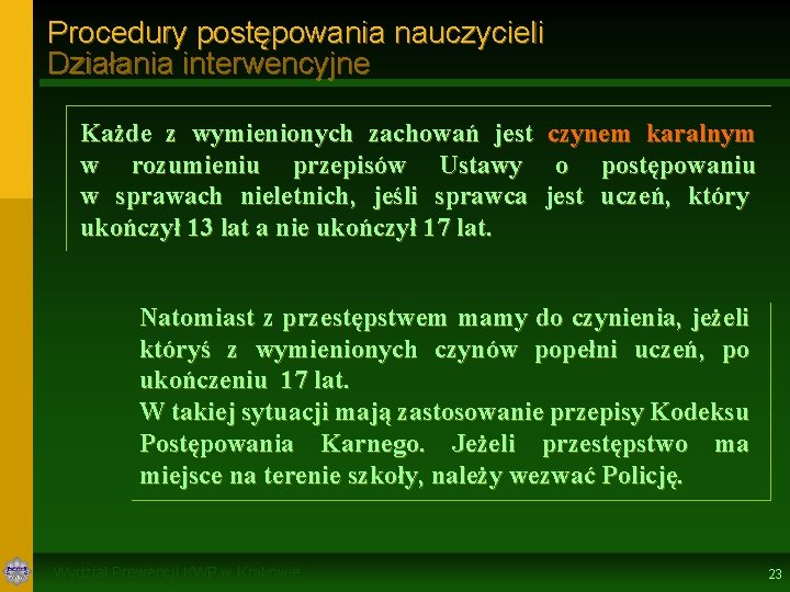 Procedury postępowania nauczycieli Działania interwencyjne Każde z wymienionych zachowań jest czynem karalnym w rozumieniu