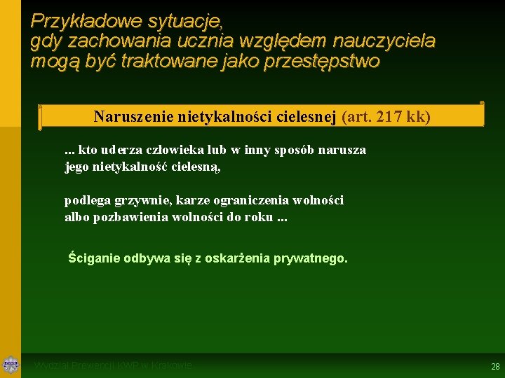 Przykładowe sytuacje, gdy zachowania ucznia względem nauczyciela mogą być traktowane jako przestępstwo Naruszenie nietykalności