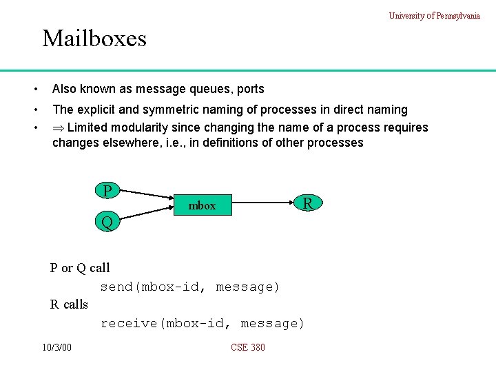 University of Pennsylvania Mailboxes • Also known as message queues, ports • • The