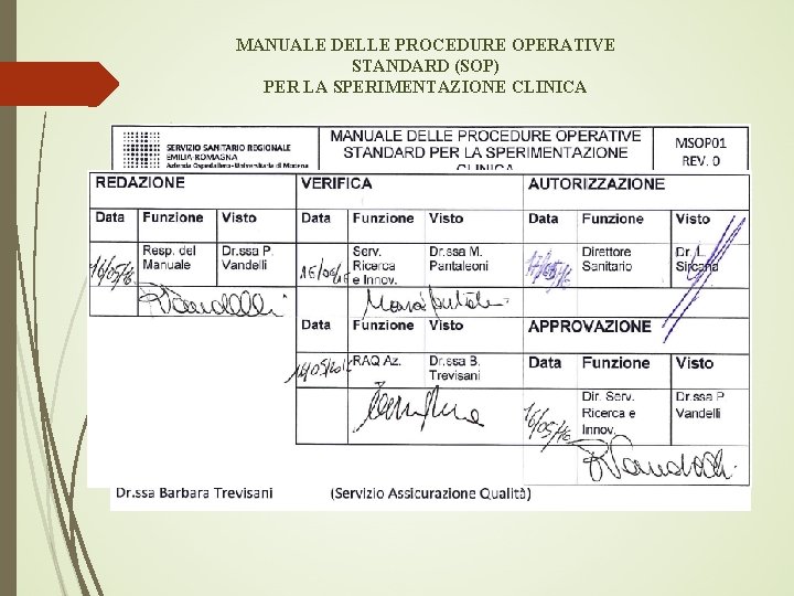 MANUALE DELLE PROCEDURE OPERATIVE STANDARD (SOP) PER LA SPERIMENTAZIONE CLINICA 