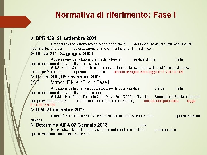 Normativa di riferimento: Fase I Ø DPR 439, 21 settembre 2001 Procedure di accertamento