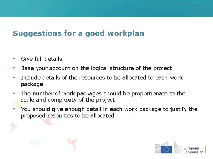 Suggestions for a good workplan • Give full details • Base your account on