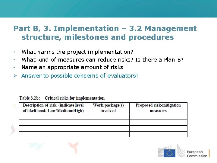 Part B, 3. Implementation – 3. 2 Management structure, milestones and procedures • •