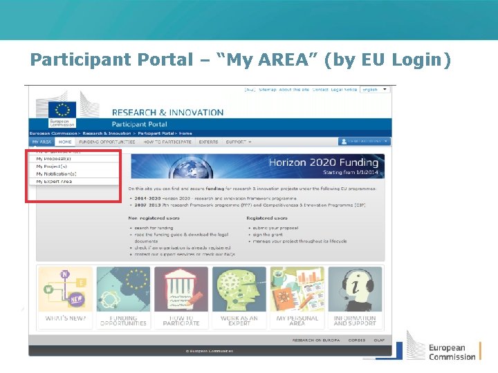 Participant Portal – “My AREA” (by EU Login) 