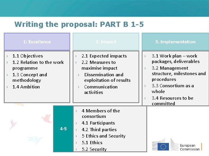 Writing the proposal: PART B 1 -5 1: Excellence 2. Impact › 1. 1