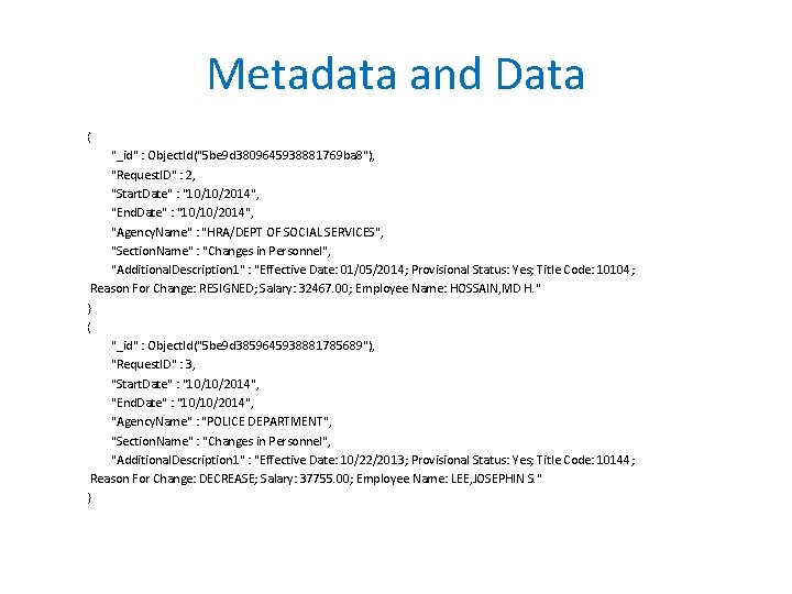 Metadata and Data { "_id" : Object. Id("5 be 9 d 3809645938881769 ba 8"),