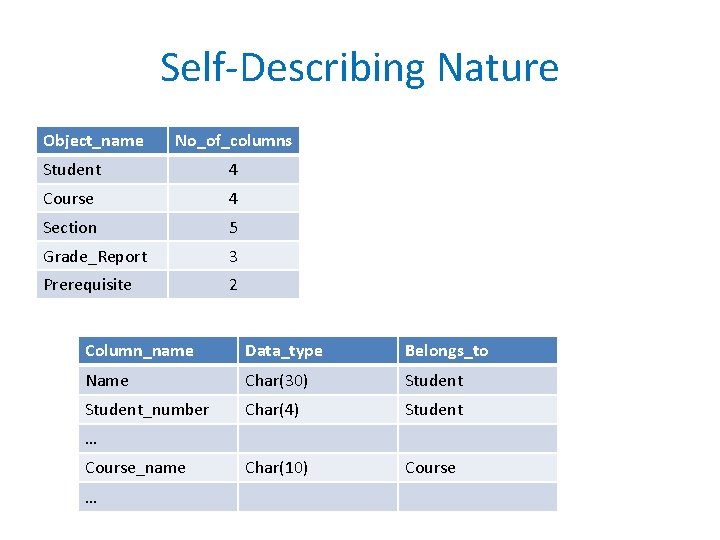 Self-Describing Nature Object_name No_of_columns Student 4 Course 4 Section 5 Grade_Report 3 Prerequisite 2