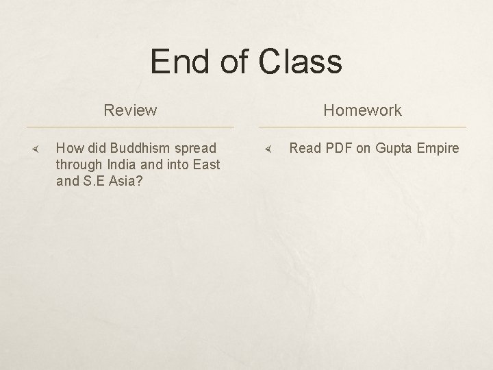 End of Class Review How did Buddhism spread through India and into East and