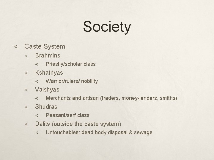 Society Caste System Brahmins Kshatriyas Merchants and artisan (traders, money-lenders, smiths) Shudras Warrior/rulers/ nobility