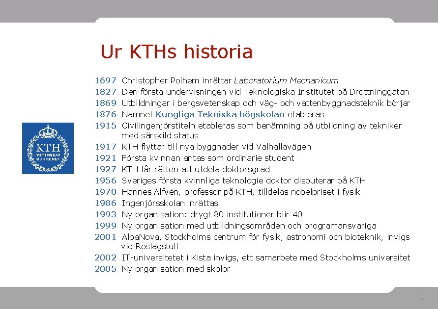 Ur KTHs historia 1697 1827 1869 1876 1915 1917 1921 1927 1956 1970 1986