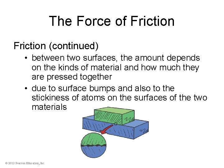 The Force of Friction (continued) • between two surfaces, the amount depends on the