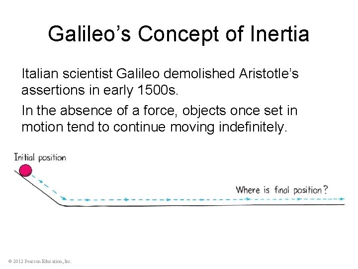 Galileo’s Concept of Inertia Italian scientist Galileo demolished Aristotle’s assertions in early 1500 s.