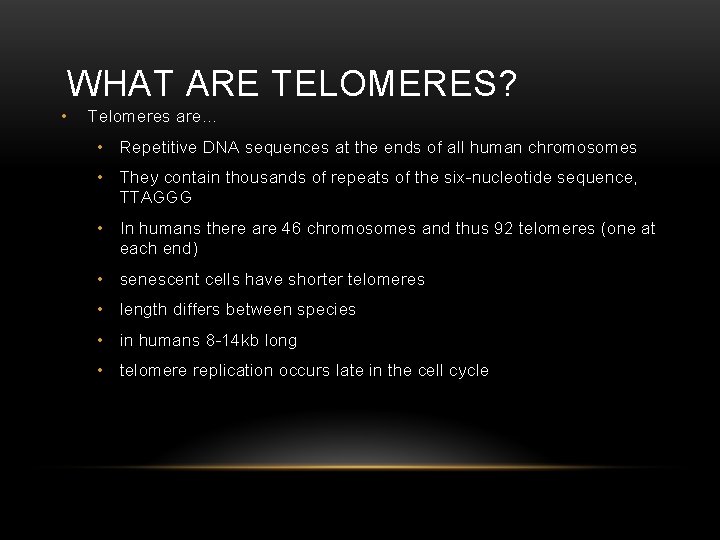 WHAT ARE TELOMERES? • Telomeres are… • Repetitive DNA sequences at the ends of