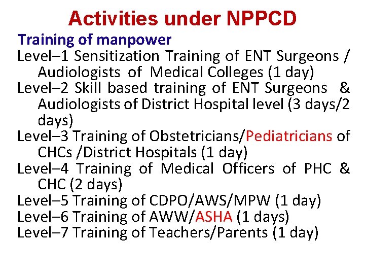 Activities under NPPCD Training of manpower Level– 1 Sensitization Training of ENT Surgeons /