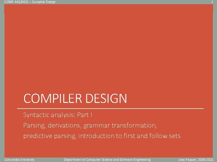 COMP 442/6421 – Compiler Design 1 Click to edit Master title style COMPILER DESIGN