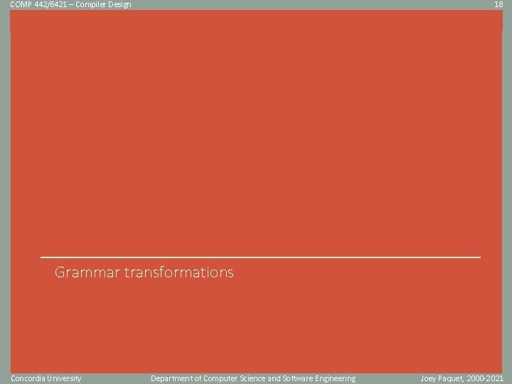 COMP 442/6421 – Compiler Design 18 Click to edit Master title style Grammar transformations