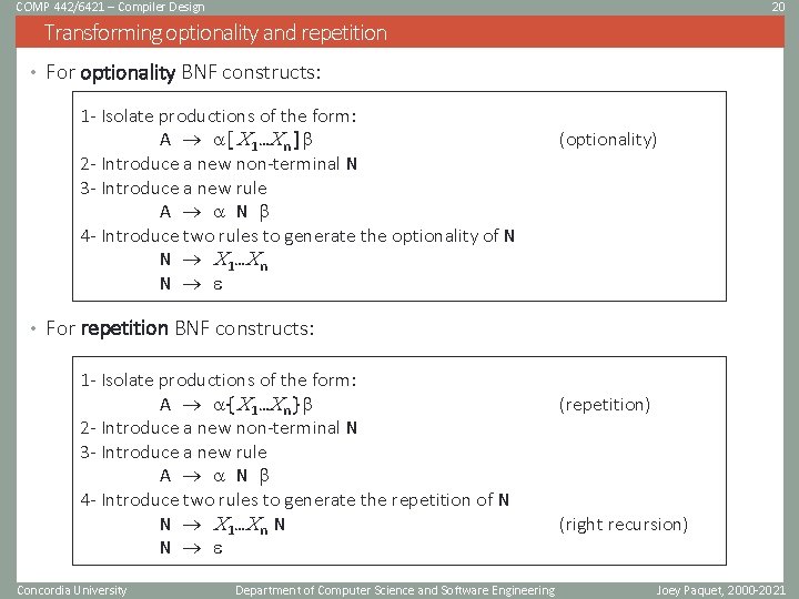 COMP 442/6421 – Compiler Design 20 Transforming optionality and repetition • For optionality BNF