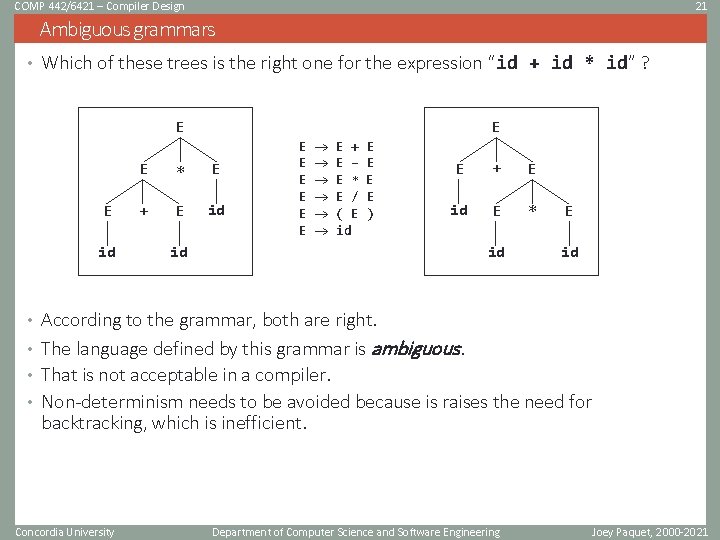 COMP 442/6421 – Compiler Design 21 Ambiguous grammars • Which of these trees is